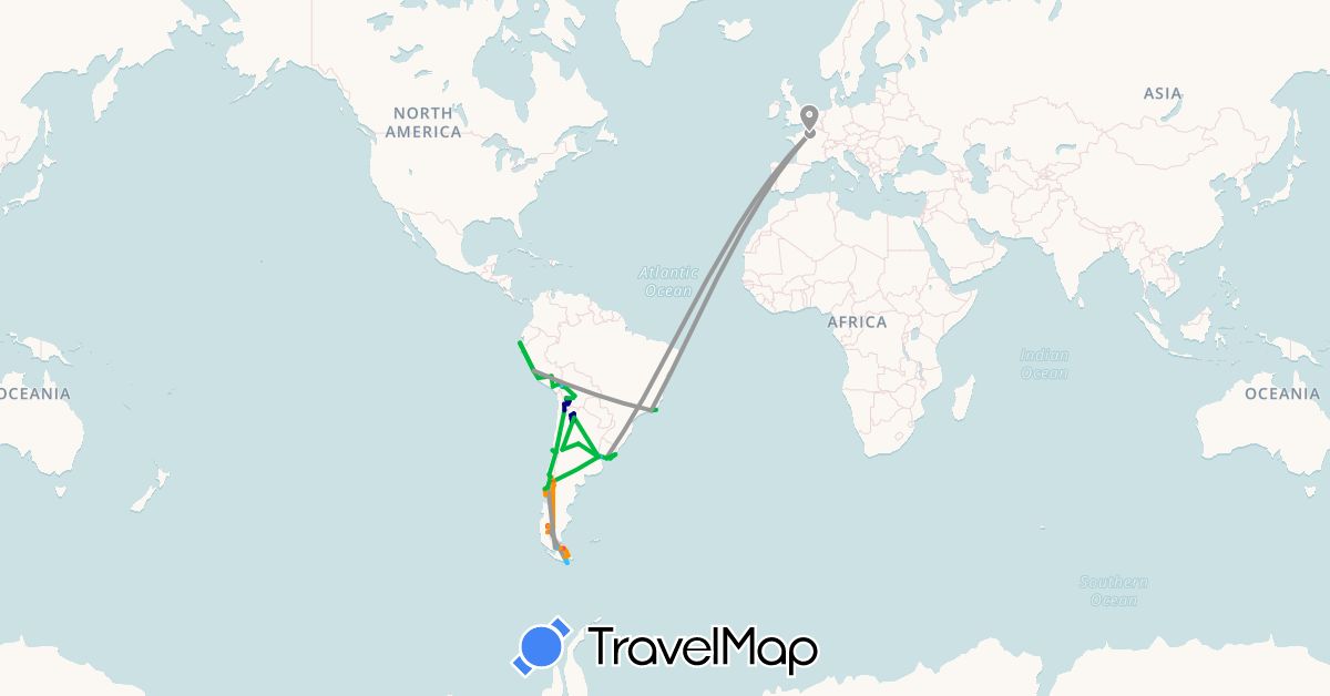 TravelMap itinerary: driving, bus, plane, cycling, hiking, boat, hitchhiking in Argentina, Bolivia, Brazil, Chile, France, Peru, Uruguay (Europe, South America)